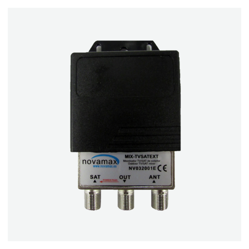 Mezclador RF/SAT, con conector F todos misma dirección, para mástil, de Exterior. Blindado, cajita protectora.