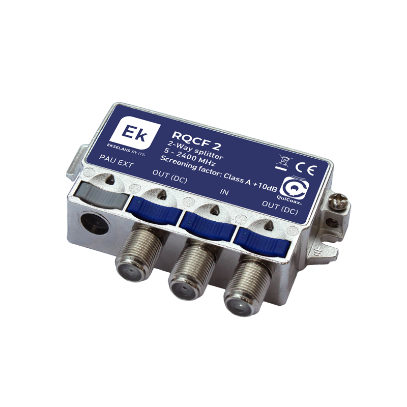 Distribuidor de 2 salidas, QuiCoax con conector F. 5-2400Mhz. 3,8dB (862MHz) / 4,9dB,(2400MHz). DC