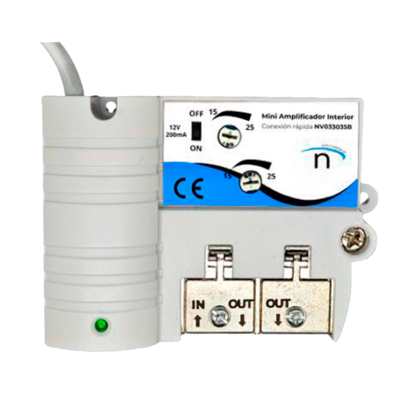 Amplificador de interior Mini, conexión rápida tipo Brida. 5G, 1entrada/2salidas, VHF/UHF, 24dB, 103dBuV.