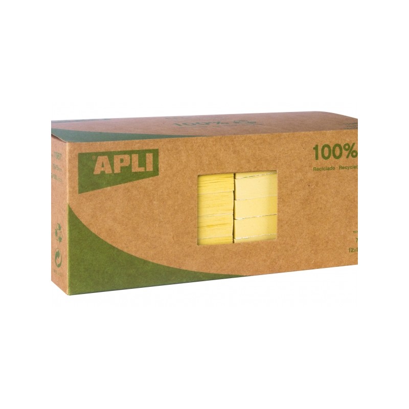 APLI NOTAS ADHESIVAS RECICLADAS CLASSIC 75X75 - 12 BLOCS DE 100 HOJAS - ADHESIVO DE CALIDAD - PAPEL RECICLADO - AMARILLO