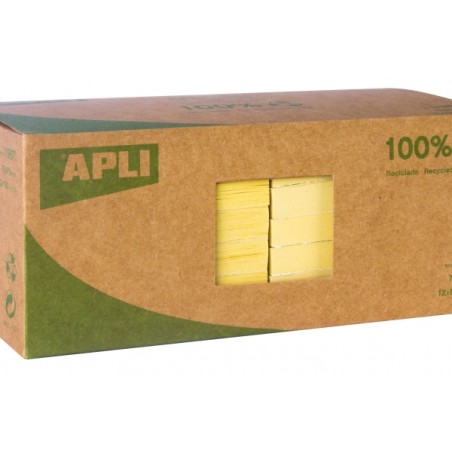 APLI NOTAS ADHESIVAS RECICLADAS CLASSIC 75X75 - 12 BLOCS DE 100 HOJAS - ADHESIVO DE CALIDAD - PAPEL RECICLADO - AMARILLO