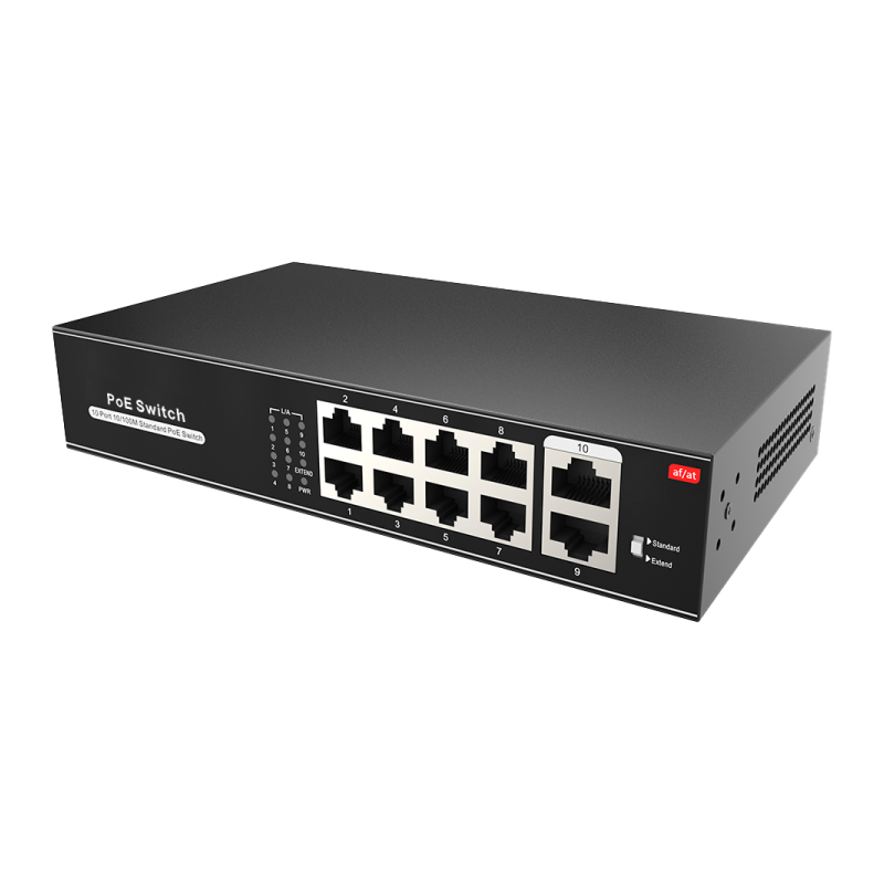 Switch de 8 puertos 10/100 POE 100W + x2 UPLINK, para sobremesa. Hasta 250 metros