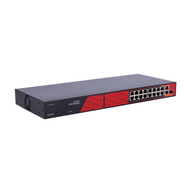Switch de 16 puertos 10/100 POE, 300W, x2 puertos Gigabit, x2 SFP.