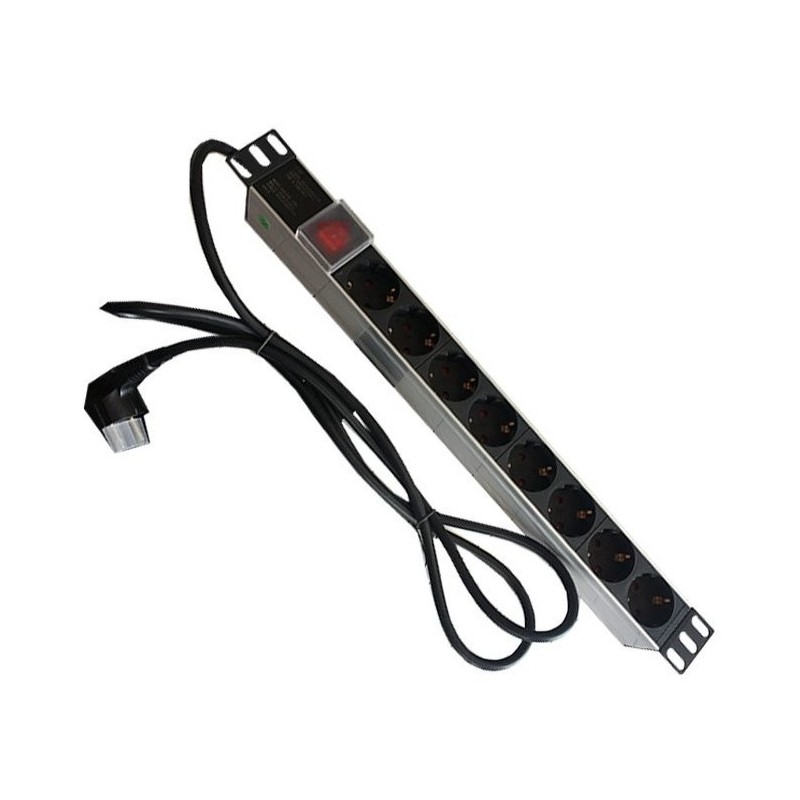 Regleta para Racks de 19", 16A, x8 Schuko + interruptor, en aluminio
