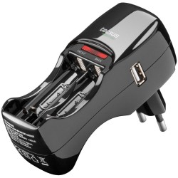 Cargador de 2 pilas con USB. 110-240V, para pilas micro (AAA) y pilas mignon (AA)