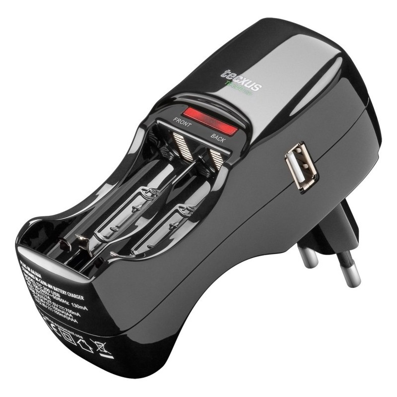 Cargador de 2 pilas con USB. 110-240V, para pilas micro (AAA) y pilas mignon (AA)