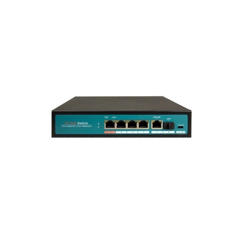 Switch de 4 puertos 10/100/1000 POE (65W) + x1 puertos Gigabit + 1 SFP. Sobremesa
