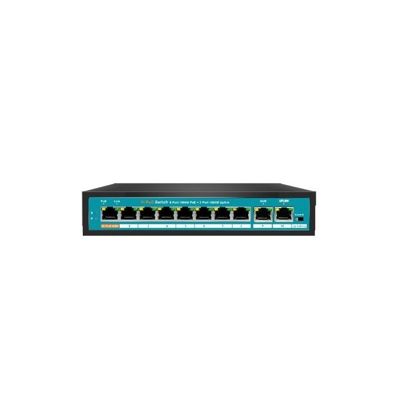 Switch de 8 puertos 10/100POE 144W + x2Gb UPLINK 10/100/1000. Hasta 250 metros
