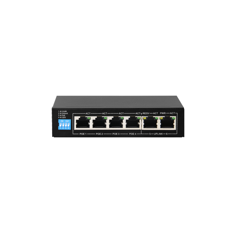 Switch de 4 puertos 10/100/1000 POE/POE+  60W + x2 UPLINK, para sobremesa
