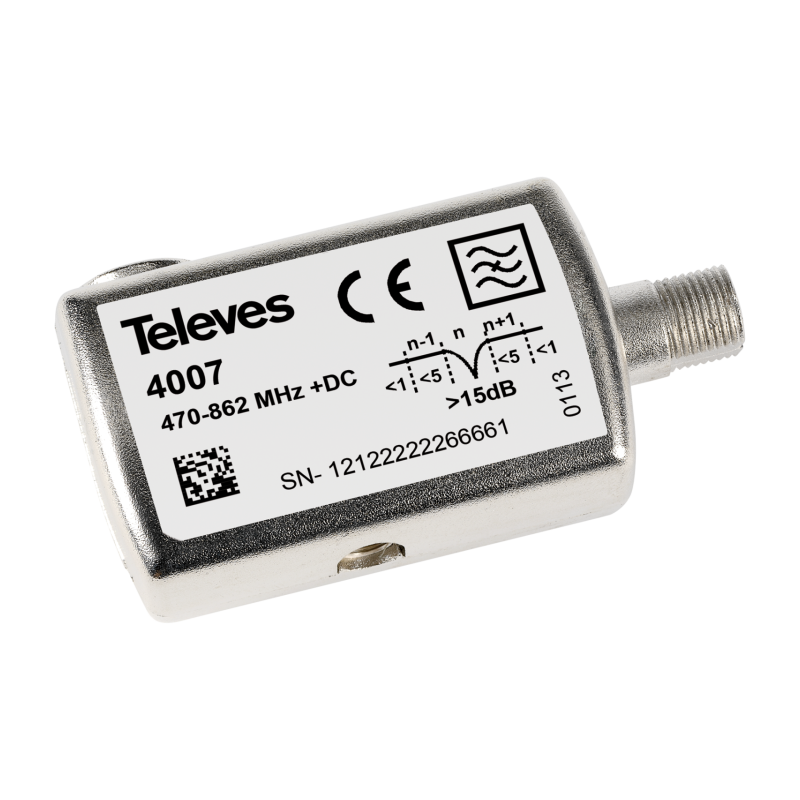 Filtro trampa conector F,  1 canal UHF. Ajustable hasta 15dB. . Banda 470-862Mhz.