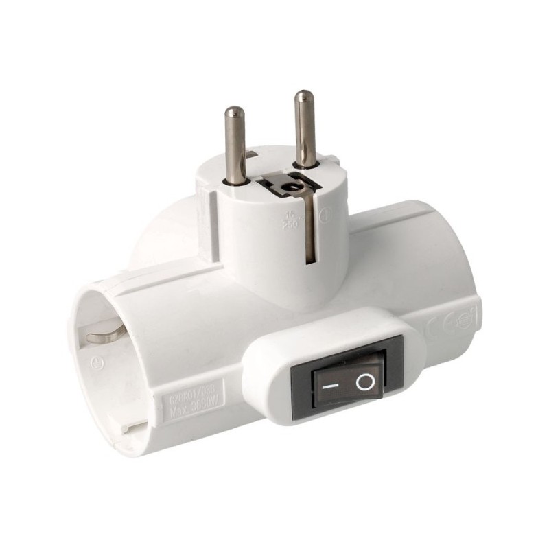 Adaptador de red 1 macho a 3 hembras Schuko con interruptor.