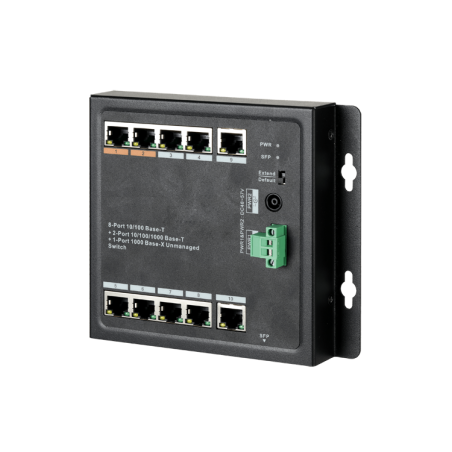 Switch de 8 puertos 10/100/1000 POE 96W + x2 UPLINK 10/100 + x1 SFP, para montaje en pared. Hasta 250 metros
