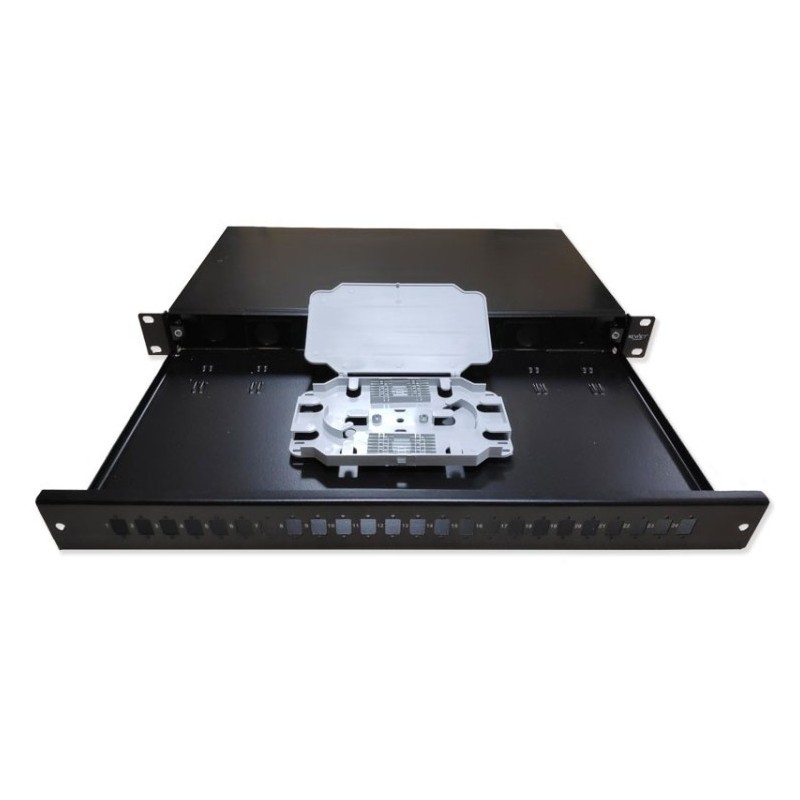 Bandeja de distribución de F.O. 19", hasta 24 SC o LC, 2 x 12 fo o 2x 24 fo (a doble altura) + tapa frontal telescópica