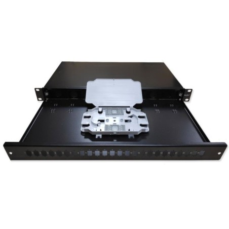 Bandeja de distribución de F.O. 19", hasta 24 SC o LC, 2 x 12 fo o 2x 24 fo (a doble altura) + tapa frontal telescópica