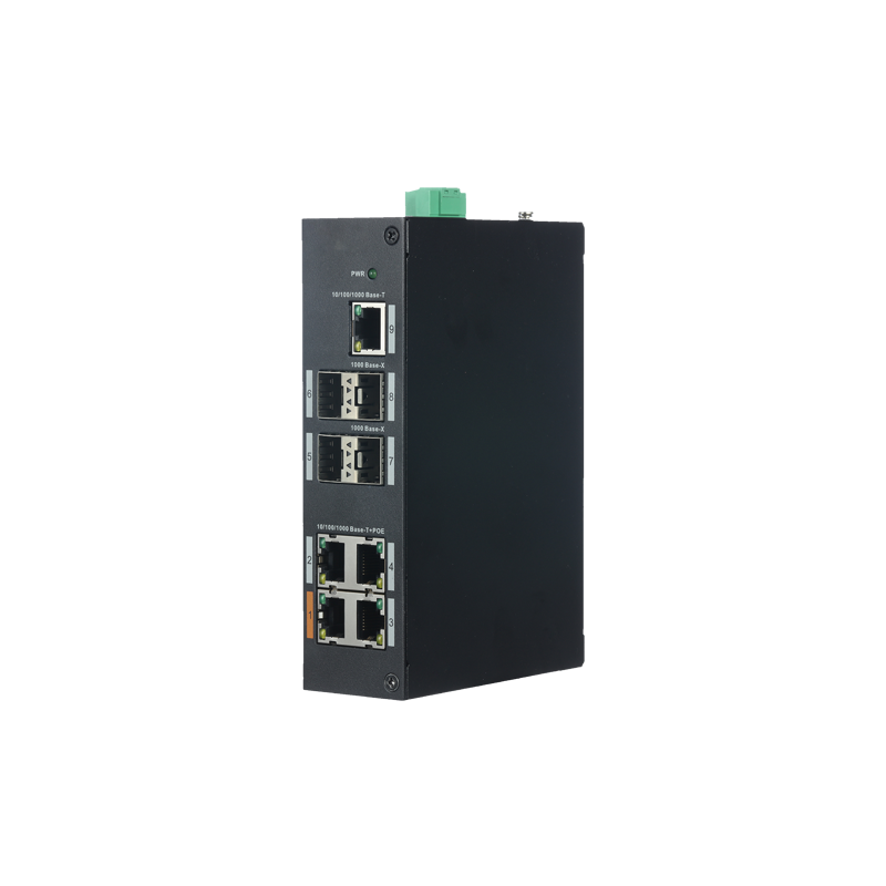 Switch de 4 puertos 10/100/1000 POE+ 120W + x1 UPLINK 10/100/1000 + x4 SFP, para montaje en DIN, alimentación DC 48 V