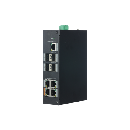Switch de 4 puertos 10/100/1000 POE+ 120W + x1 UPLINK 10/100/1000 + x4 SFP, para montaje en DIN, alimentación DC 48 V