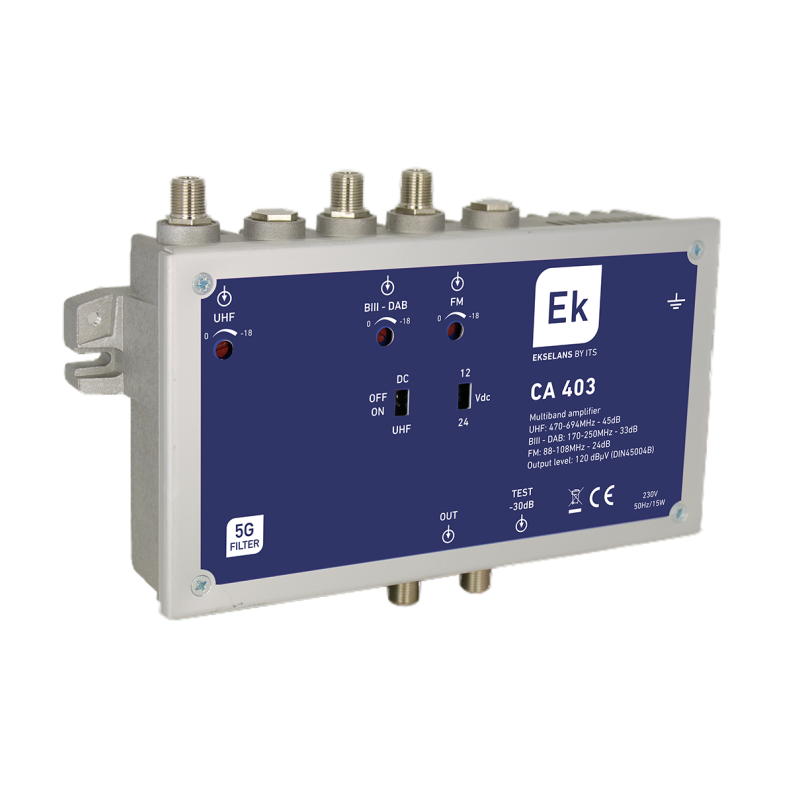 Central amplificadora 3 entradas FM / BIII-DAB / UHF,con doble filtro 694-790MHz seleccionable.