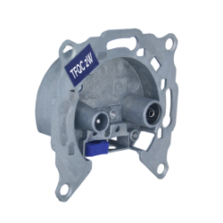 Toma final con derivación, sin garras, TV-FM / Satélite. Con paso de corriente SAT. Conexión QuiCoax. Clase A