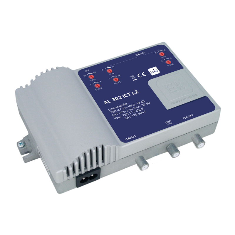 Amplificador línea 2E 2S. ICT. 2 Entradas TER+SAT - 2 Salidas.  35dB TDT /  40dB SAT. Salida 117dB/120dB
