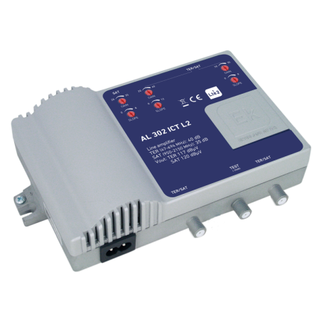 Amplificador línea 2E 2S. ICT. 2 Entradas TER+SAT - 2 Salidas.  35dB TDT /  40dB SAT. Salida 117dB/120dB