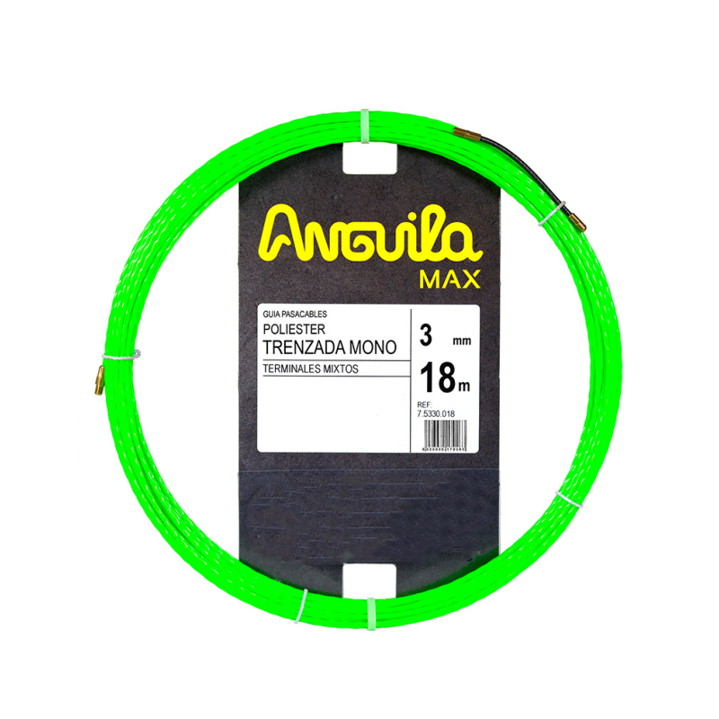 Guía pasa cables de poliéster. Triple trenzado. 3mm, 18mts. Color verde.
