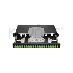 Bandeja de distribución de F.O. 19", telescópica incl 24SC/APC SX montados y accesorios. Tapones antipolvo