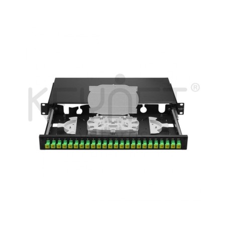 Bandeja de distribución de F.O. 19", telescópica incl 24SC/APC SX montados y accesorios. Tapones antipolvo