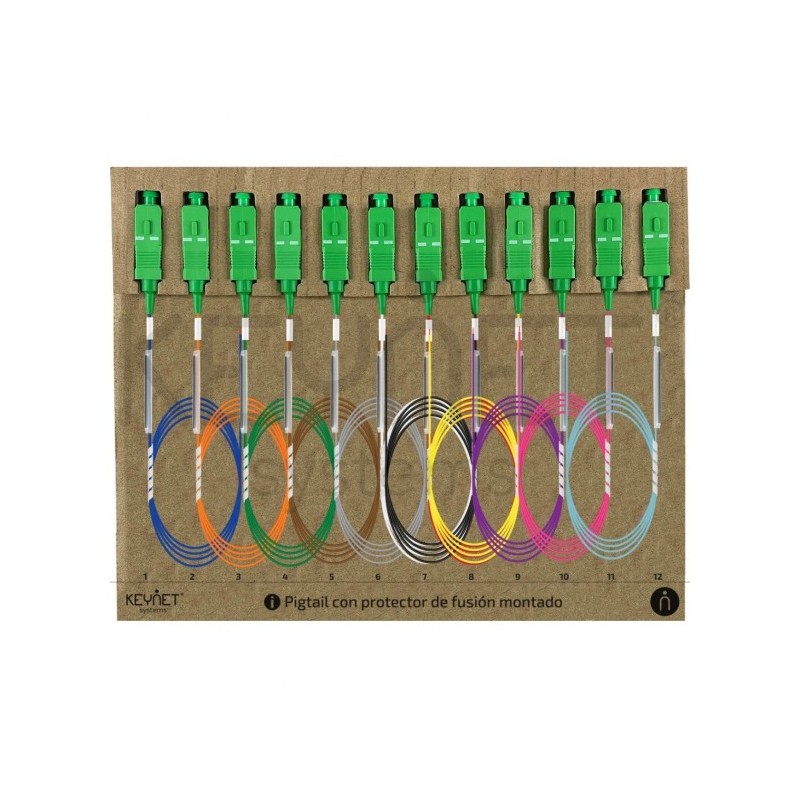 Pack 12 pigtails y protector de 45mm SM G657A2 SC/APC LSZH-FR 0,9mm colores TIA 1,5mt