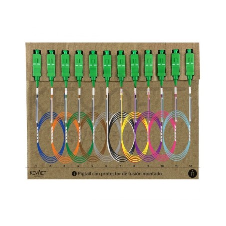 Pack 12 pigtails y protector de 45mm SM G657A2 SC/APC LSZH-FR 0,9mm colores TIA 1,5mt