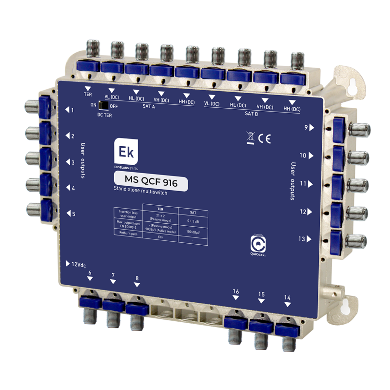 Multiswitch de 9 x 16 en estrella/final de cascada. 9 entradas (8 SAT + 1 TER), 16 salidas usuario.