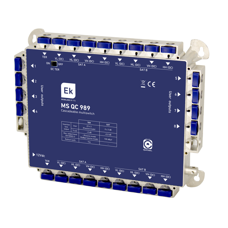 Multiswitch de 9 x 8 en estrella/final de cascada. 9 entradas (8 SAT + 1 TER), 8 salidas usuario, 9 salidas troncales