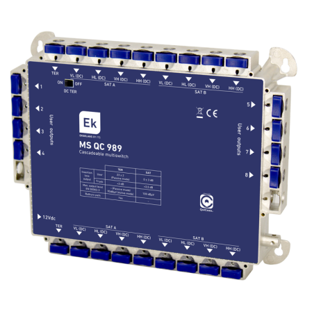 Multiswitch de 9 x 8 en estrella/final de cascada. 9 entradas (8 SAT + 1 TER), 8 salidas usuario, 9 salidas troncales
