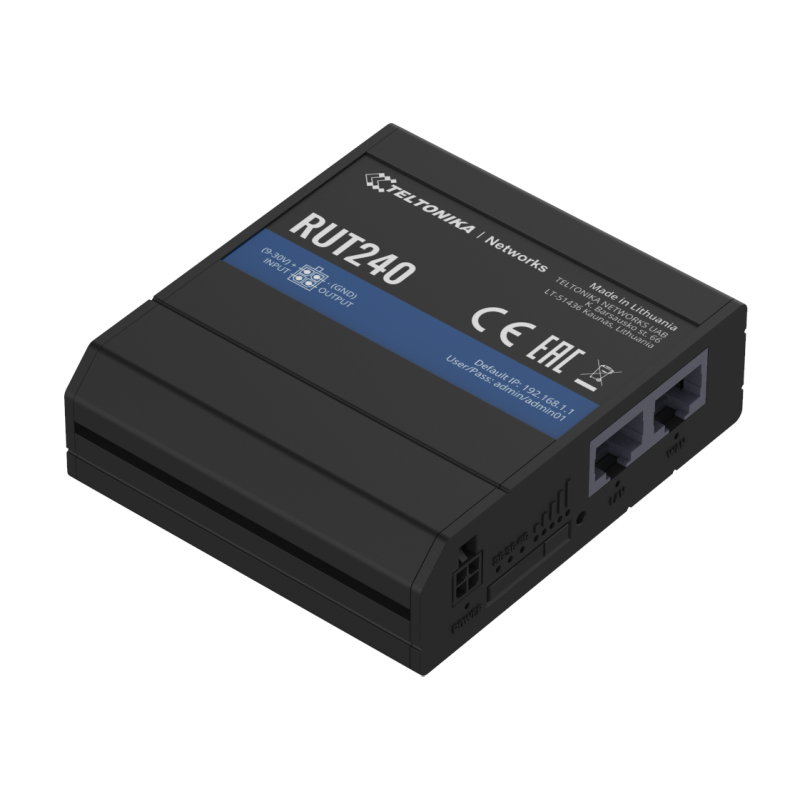 Router industrial Teltonika RUT240 - LTE Cat.4, WiFi 2.4 GHz 802.11n, 1×WAN, 2×LAN, VPN, montaje DIN