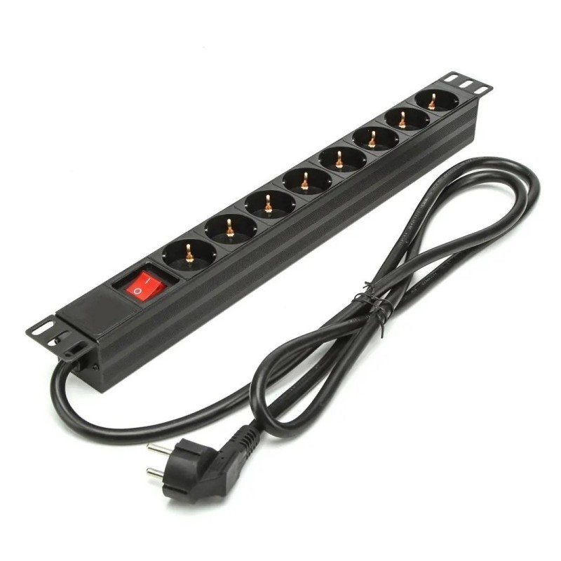 Regleta para Rack de 19 pulgadas, 16A, x8 Schuko + interruptor, en aluminio