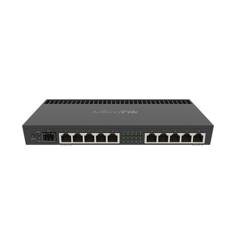 Router Gigabit MikroTik RB4011iGS+RM - 10 puertos Gb, SFP+ 10G, PoE-in/out, CPU 4 núcleos, montaje rack