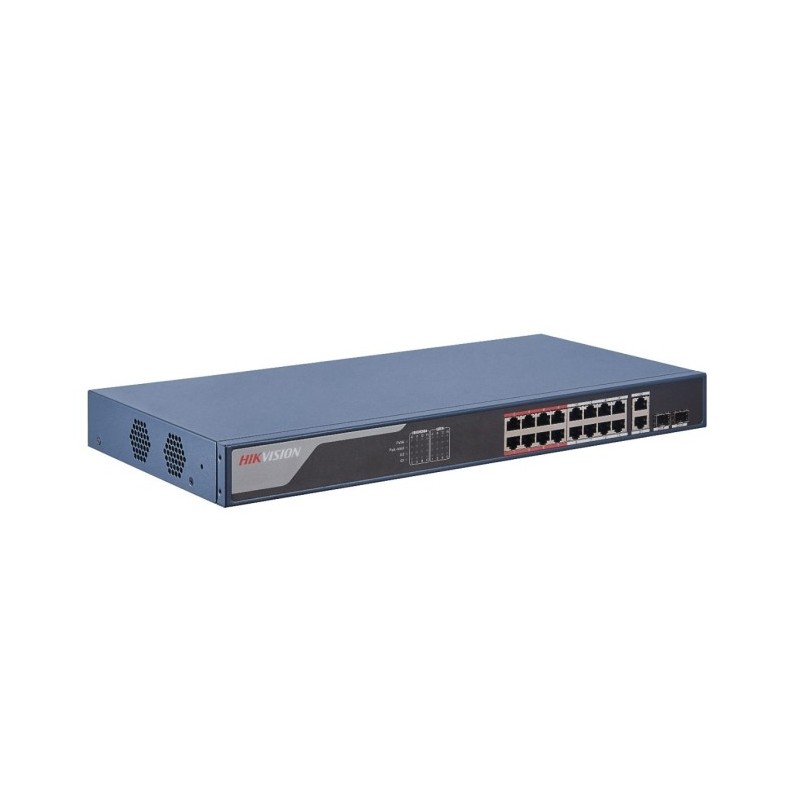 Switch de 16 puertos 10/100 POE 230W + x2 UPLINK 10/100/1000 + x2 Combo, para rack. Hasta 300 metros