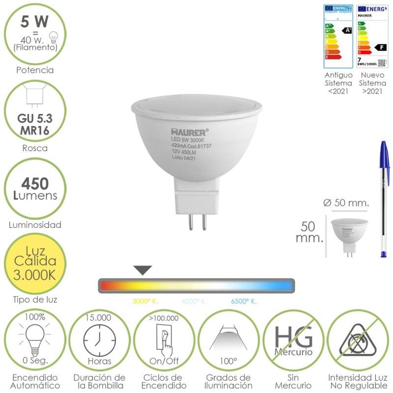 Bombilla Led Dicroica Rosca GU 5.3 / MR16. 5 Watt. Equivale A 40 Watt. 405 Lumenes. Luz Cálida (3000 K.)