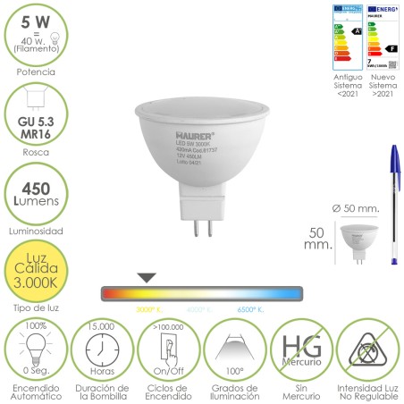 Bombilla Led Dicroica Rosca GU 5.3 / MR16. 5 Watt. Equivale A 40 Watt. 405 Lumenes. Luz Cálida (3000 K.)