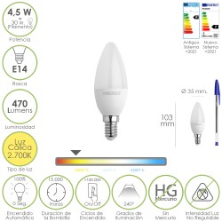 Bombilla Led Vela Rosca E14. 4,5 Watt. Equivale A 35 Watt. 470 Lumenes. Luz Cálida (2700 K)