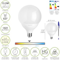 Bombilla Led Esfera Globo E27. 13,5 Watt. Equivale A 100 Watt. 1521 Lumenes. Luz Neutra 4000 K.