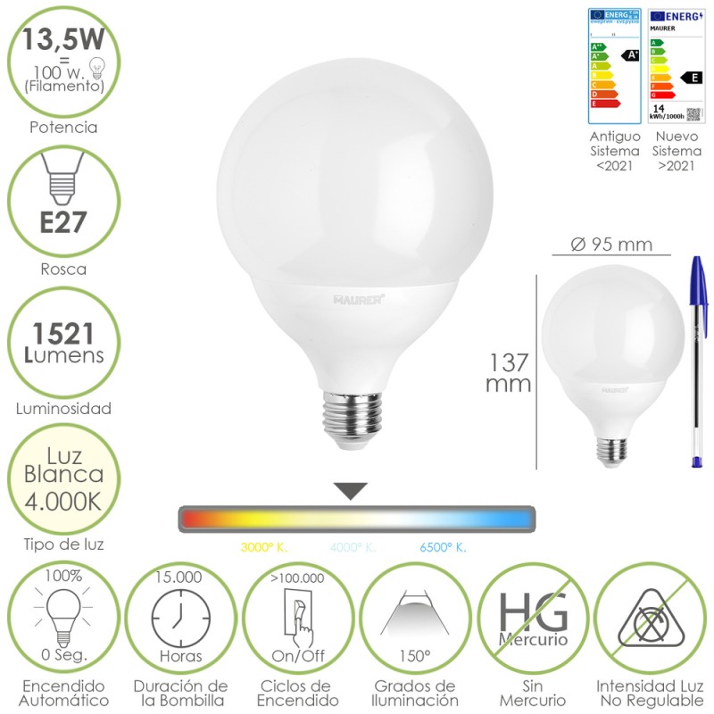 Bombilla Led Esfera Globo E27. 13,5 Watt. Equivale A 100 Watt. 1521 Lumenes. Luz Neutra 4000 K.