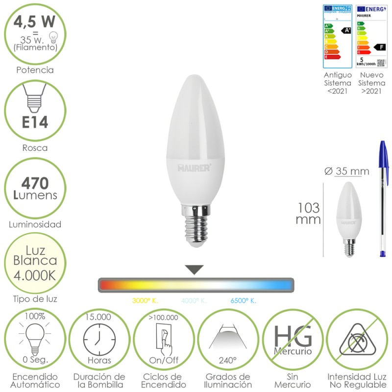 Bombilla Led Vela Rosca E14. 4,5 Watt. Equivale A 35 Watt. 470 Lumenes. Luz Neutra (4000 K.)