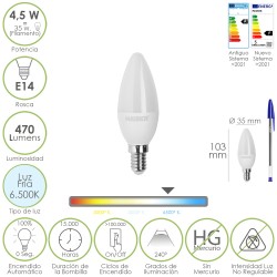 Bombilla Led Vela Rosca E14. 4,5 Watt. Equivale A 35 Watt. 470 Lumenes. Luz Fira (6500 K.)