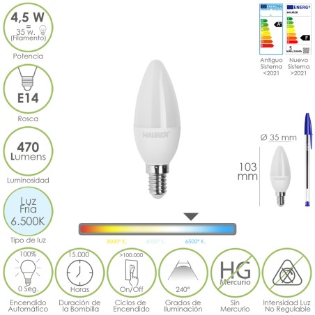 Bombilla Led Vela Rosca E14. 4,5 Watt. Equivale A 35 Watt. 470 Lumenes. Luz Fira (6500 K.)