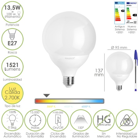 Bombilla Led Esfera Globo E27. 13,5 Watt. Equivale A 100 Watt. 1521 Lumenes. Luz Calida 3000 K.