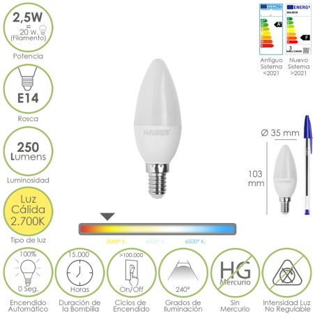 Bombilla Led Vela E14. 2,5 Watt. Equivale A 20 Watt. 250 Lumenes. Luz Calida 2700 K.