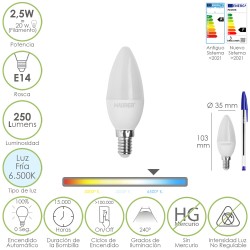 Bombilla Led Vela E14. 2,5 Watt. Equivale A 20 Watt. 250 Lumenes. Luz Fria 6500 K.