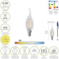 Bombilla Led Filamento Vela Llama E14. 4,5 Watt. Equivale A 35 Watt. 470 Lumenes. Luz Calida 2700 K.