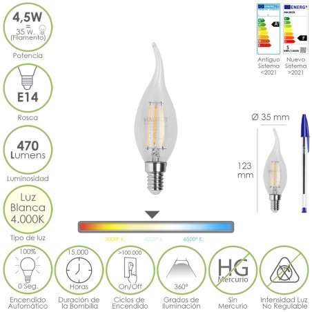 Bombilla Led Filamento Vela Llama E14. 4,5 Watt. Equivale A 35 Watt. 470 Lumenes. Luz Neutra 4000 K.