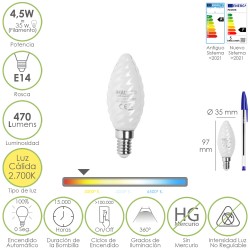 Bombilla Led Filamento Vela Esmerilada E14. 4,5 Watt. Equivale A 35 Watt. 470 Lumenes. Luz Calida 2700 K.